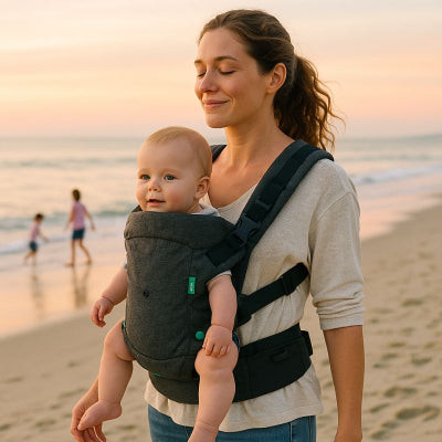 Maman promenade plage portant béb dans porte bebe ergonomique noir design positions portage