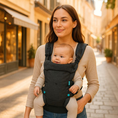 Maman magasin portant bébé dans porte bebe ergonomique noir toutes saisons face au monde