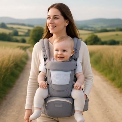 Maman portant bébé dans porte bébé multifonction gris léger évolutif promenade campagne