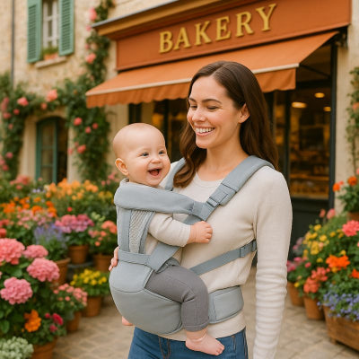 Maman portant bébé sac à dos porte bébé gris face à elle poche fermeture éclair balade village fleuri