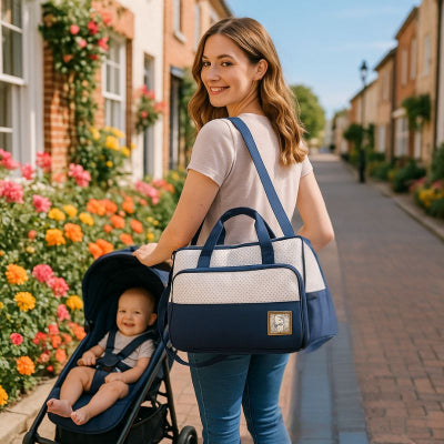 Maman promenade poussette portant sac à langer bébé garçon design bleu polyester village fleuri