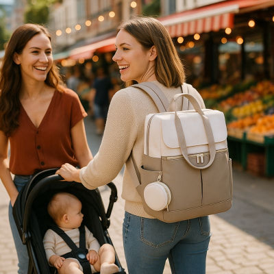 Maman poussette bébé promenade ville portant sac a langer de luxe stylé blanc marron sangles ajustables