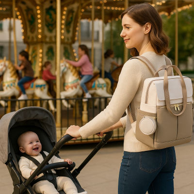 Maman poussette bébé promenade manège portant sac a langer de luxe stylé blanc marron fixation valise