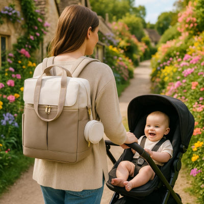 Maman promenade village portant sac a langer de luxe stylé blanc marron pochette tétines