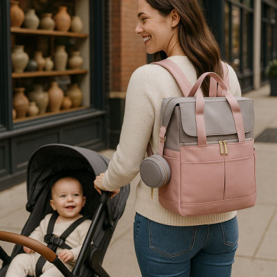 Maman promenade ville portant sac a langer de luxe gris rose élégant mains libres
