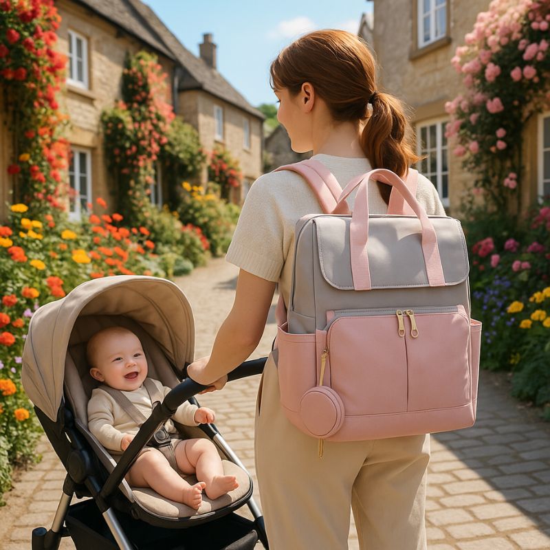 Maman promenade poussette bébé village portant sac a langer de luxe design gris rose nettoyage facile