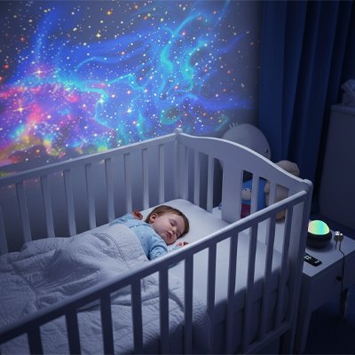 Bébé dort lit chambre éclairée veilleuse projecteur bébé télécommande usb