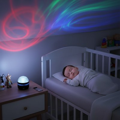 Bébé dort chambre éclairée par veilleuse projecteur bébé vague eau colorée