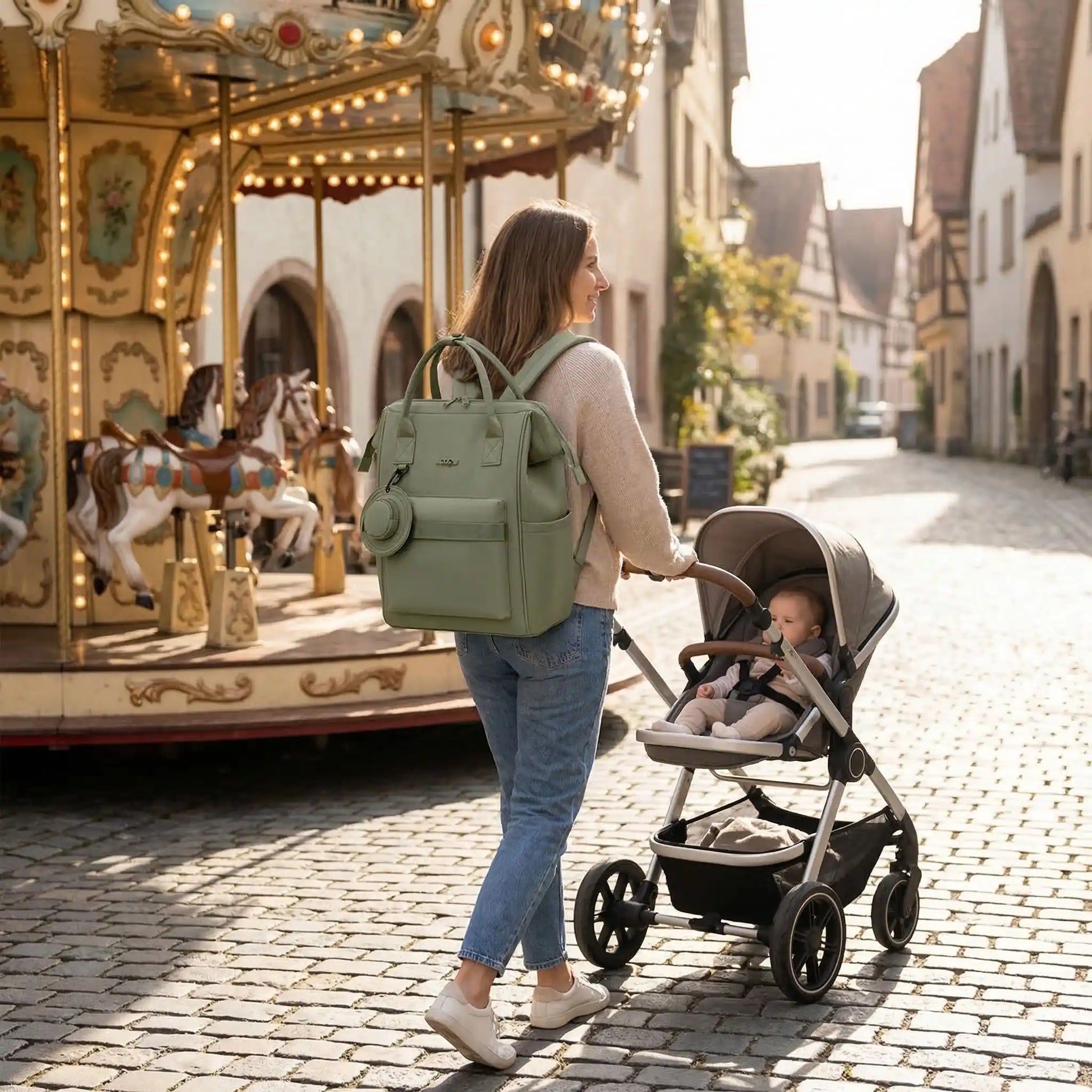 Sac à langer bébé luxe brodé vert coutures renforcées