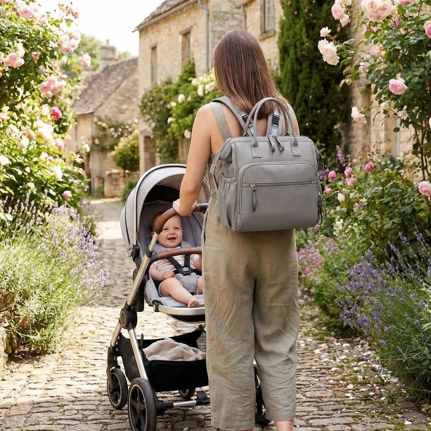 Sac a langer classe spacieux & élégant gris multipoches