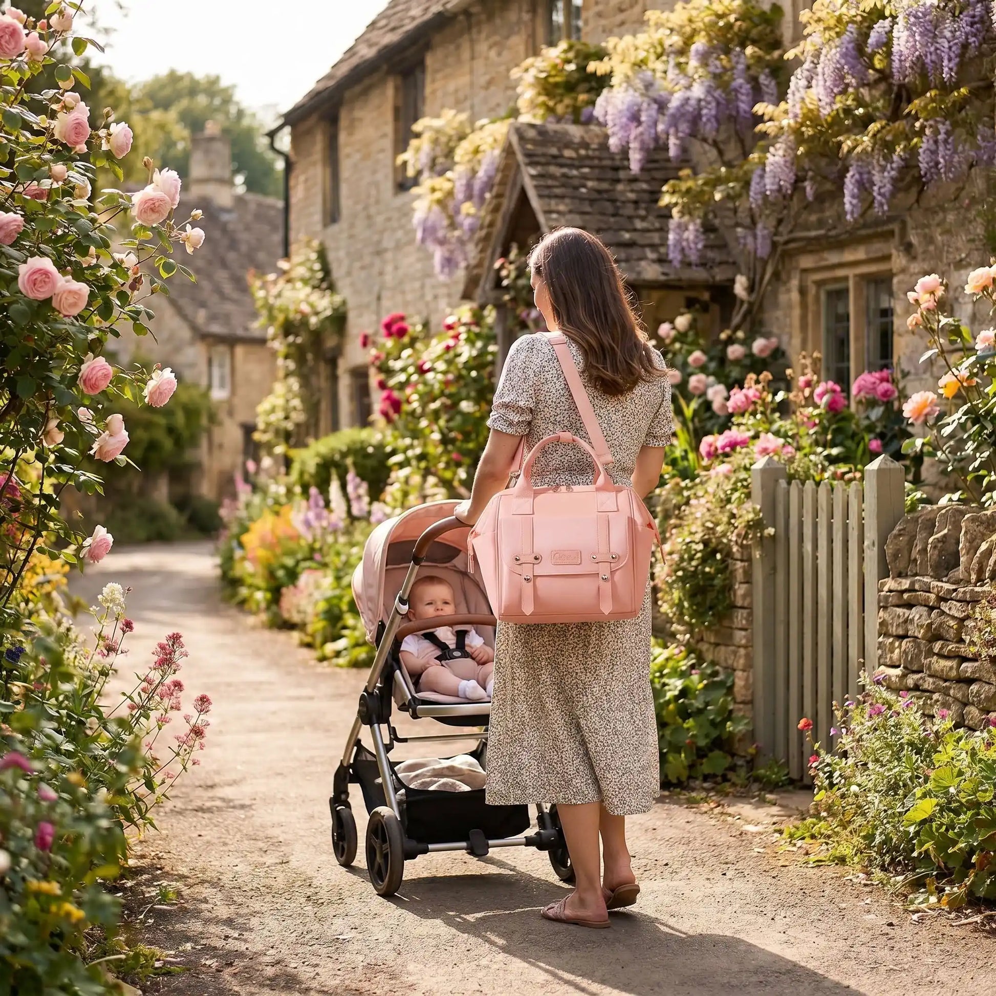Sac a langer de luxe léger rose bandoulière renforcée