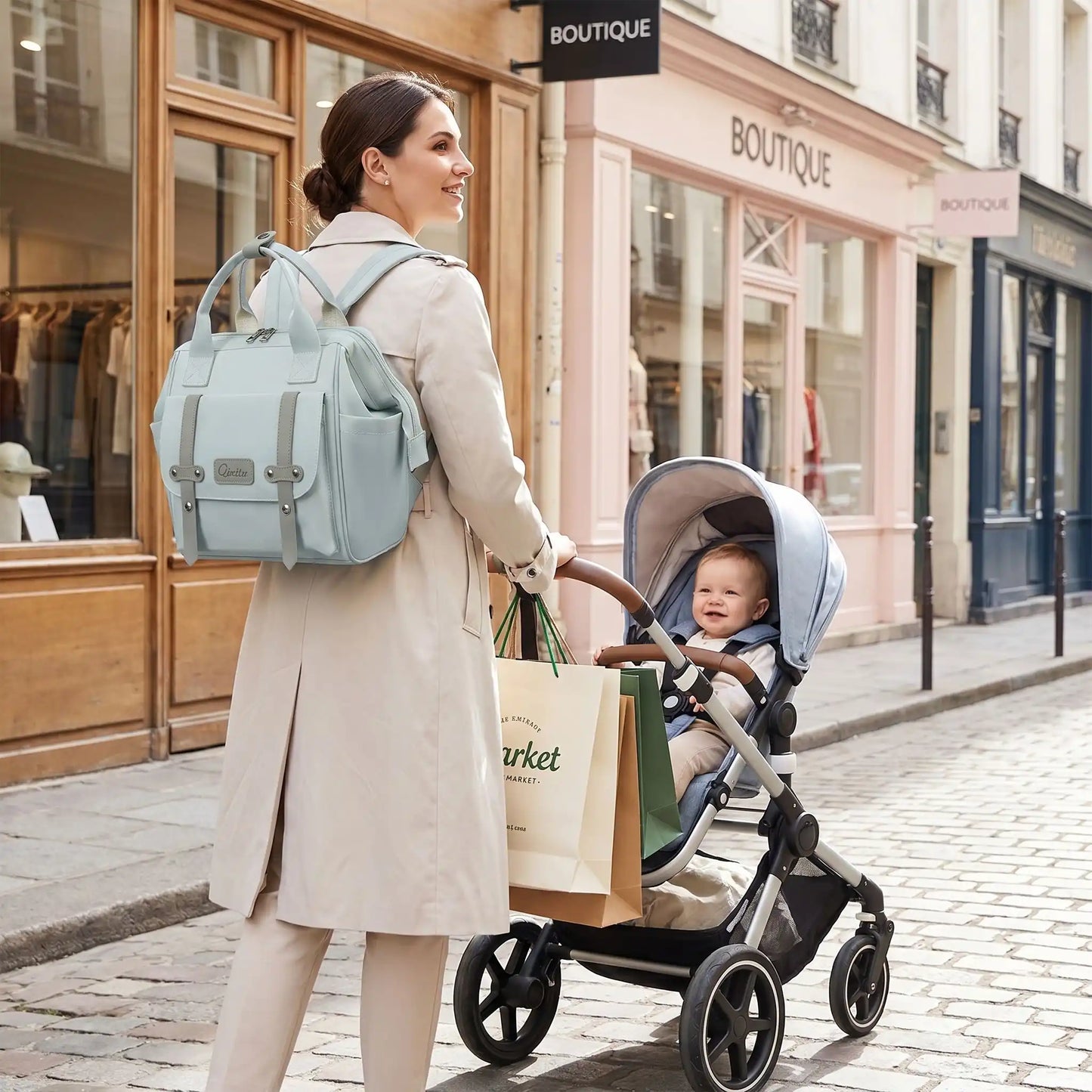 Sac a langer de luxe léger vert spacieux multipoches