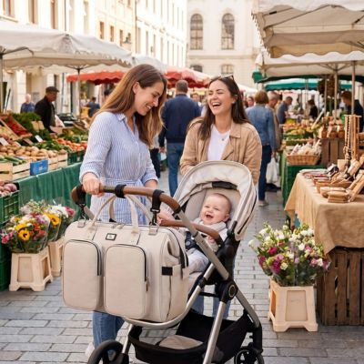 Sac a langer luxe beige simili cuir cadeau naissance