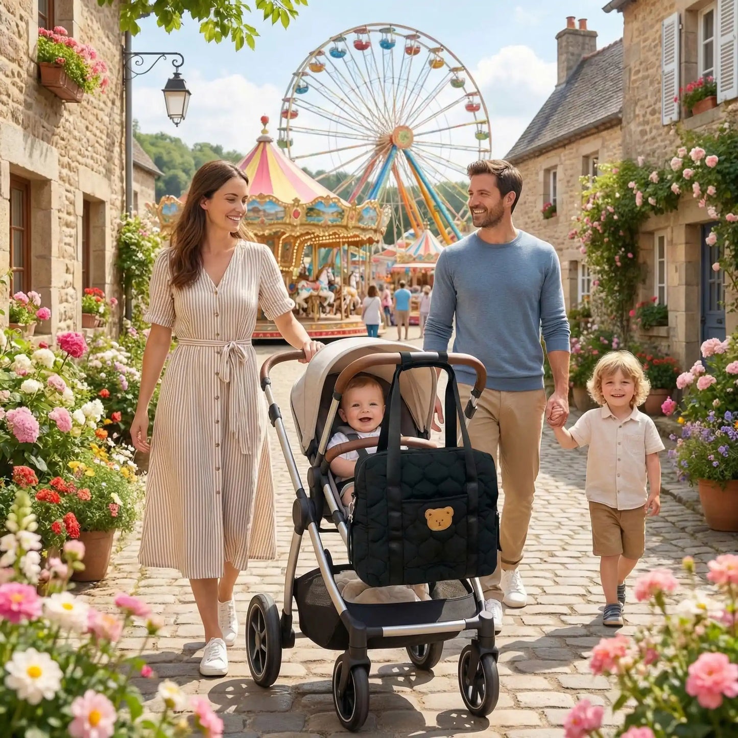 Sac à langer pour poussette chic matelassé tête nounours mignon