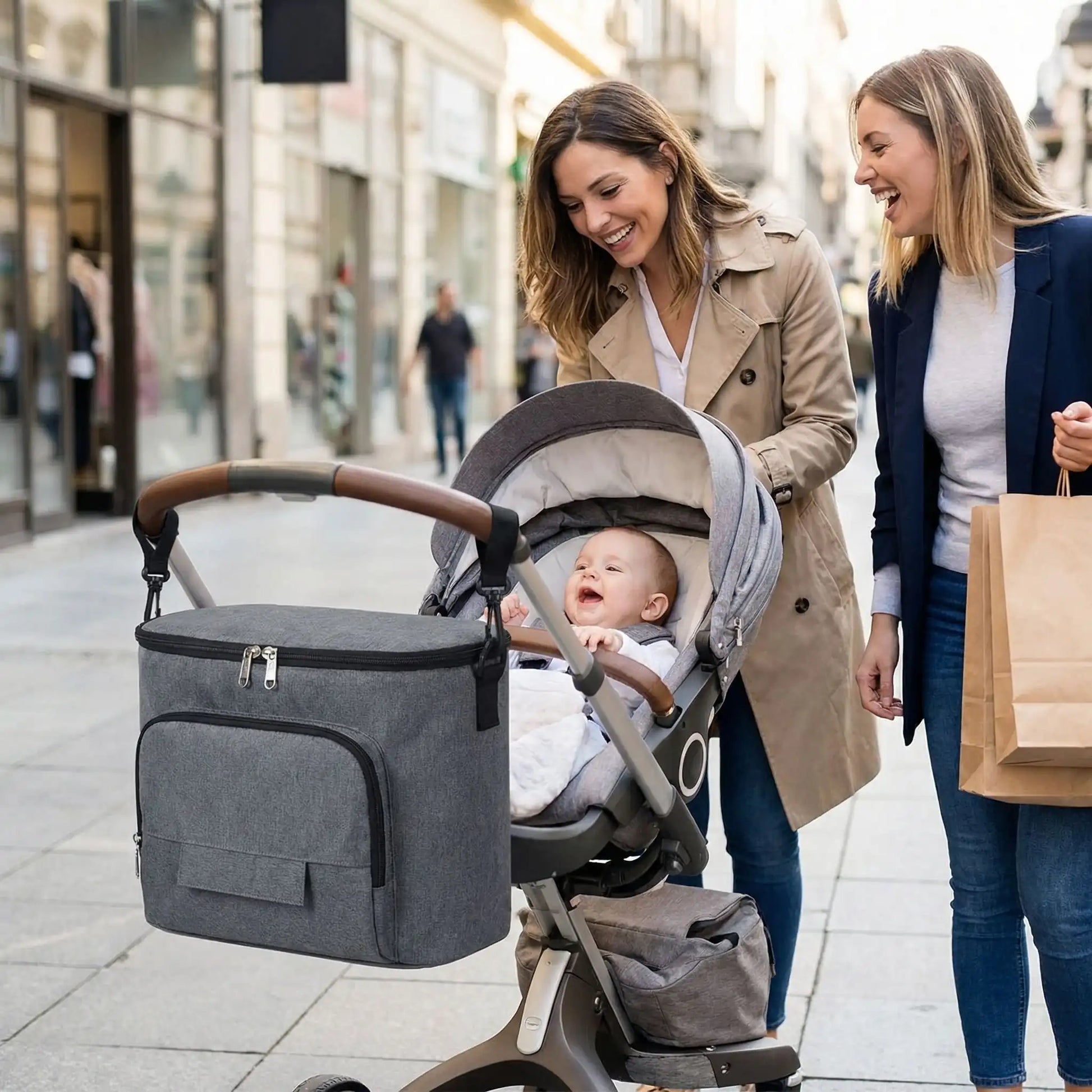 Sac à langer pour poussette multipoches imperméable gris sangles velcro