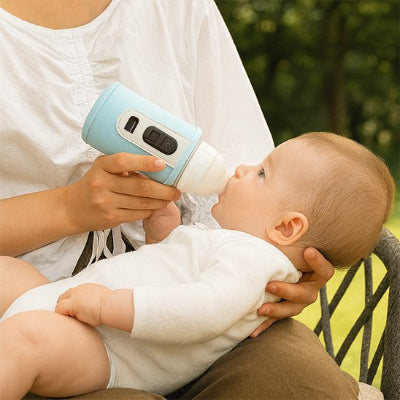 Bébé bras maman chauffe-biberon nomade bleu dimension adaptée jardin 