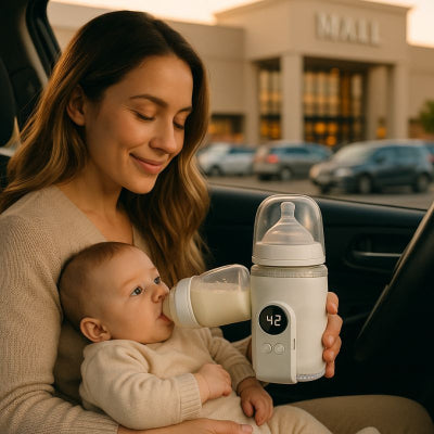 Maman donnant biberon avec chauffe biberon nomade design blanc ajustable velcro voiture parking