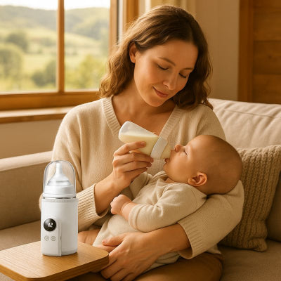 Maman donnant biberon avec chauffe biberon nomade design blanc nettoyage facile voiture campagne