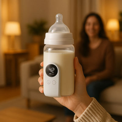 Maman préparant chauffe biberon nomade design blanc toute taille biberon salon appartement