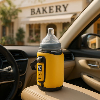 Chauffe biberon nomade design jaune 5 niveaux température posé voiture campagne