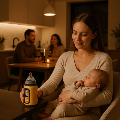 Maman prépare chauffe biberon nomade design jaune bouton intuitif salon amis heureux