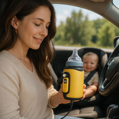 Maman prépare chauffe biberon nomade design jaune lanière transport voiture campagne