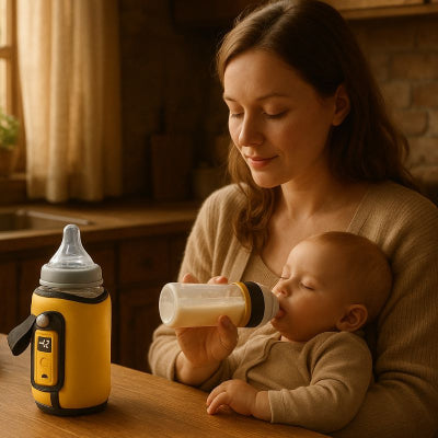 Maman prépare chauffe biberon nomade design jaune compact salon campagne