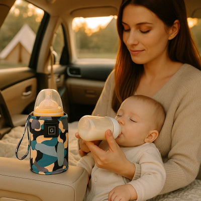 Maman voiture bébé chauffe biberon nomade design patchwork élégant camping