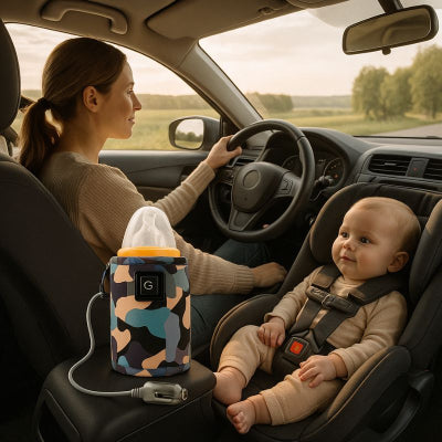 Maman voiture bébé chauffe biberon nomade design patchwork réglage température campagne