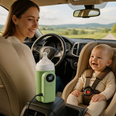 Maman donnant biberon chauffe-biberon portable design vert tendance chauffe rapide voiture chemin campagne