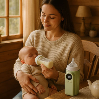 Maman donnant biberon chauffe-biberon portable design vert tendance mignon salon campagne