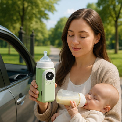 Maman donnant biberon chauffe-biberon portable design vert tendance réglage précis température campagne