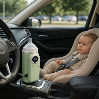 Chauffe-biberon portable design vert tendance toute taille biberon posé voiture bébé