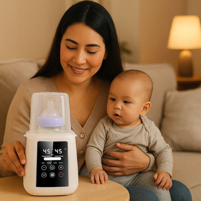 Maman bébé genoux préparant chauffe biberon rapide blanc réchauffe vapeur aliment salon