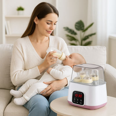 Maman donnant biberon chauffe biberon rapide rose fonction décongélation salon