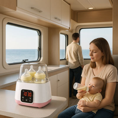 Maman donnant biberon chauffe biberon rapide rose grande capacité mobilhome mer
