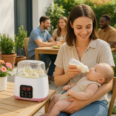 Maman donnant biberon chauffe biberon rapide rose réchauffe aliment terrasse jardin amis