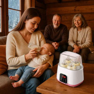 Maman donnant biberon chauffe biberon rapide rose telecommande chalet famille
