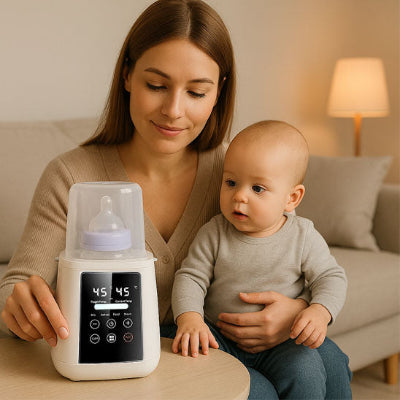 Maman bébé genoux préparant chauffe biberon rapide blanc tactile fonction stérilisation salon