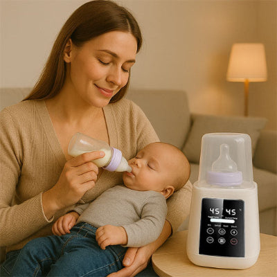 Maman donnant biberon chauffe biberon rapide blanc température idéale salon