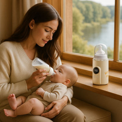 Maman bébé chauffe biberon sans fil beige protection surchaufe maison campagne