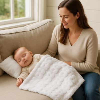 Bébé sieste couverture bebe blanc chaleureuse apaisante canapé maman campagne