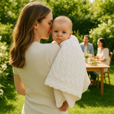 bébé bras maman couverture bebe blanc design geometrique douce apaisante repas jardin amis