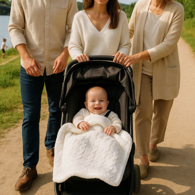 bébé poussette couverture bebe blanc design geometrique facile a secher promenade campagne famille