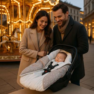 Bébé dans couverture bebe cosy grise design chaleureuse parent ville