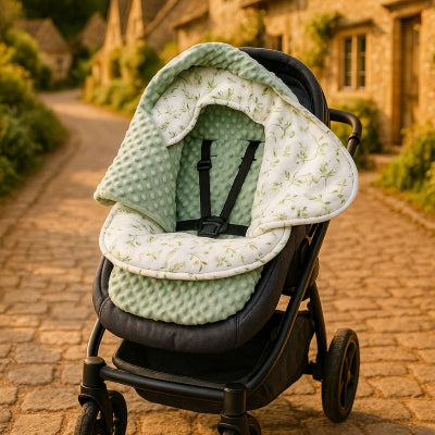 Couverture bebe cosy vert douce posée sur poussette chemin maison campagne