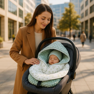 Bébé dort couverture bebe cosy vert légère maman promenade ville