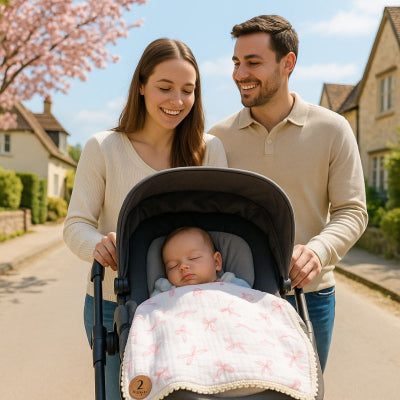 Parents promenade bébé sieste poussette recouvert couverture bébé dentelle nœuds papillon douce enveloppante
