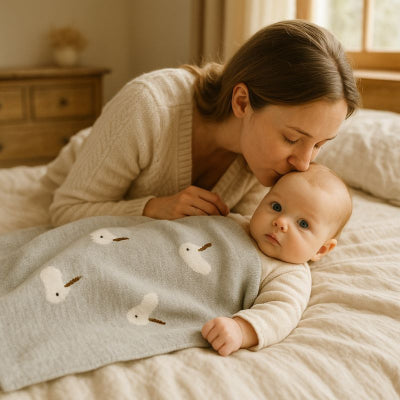 Bébé allongé lit maman recouvert couverture bébé design lapin chaleureuse enveloppante protectrice