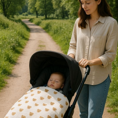 Maman promenade campagne bébé sieste recouvert couverture bébé transportable nomade design